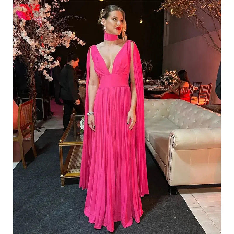 Sexy Long V-Neck Evening Dresses with Cape Pleats A Line Prom Gown Floor Length Backless Chiffon Womens Summer Special Occasion