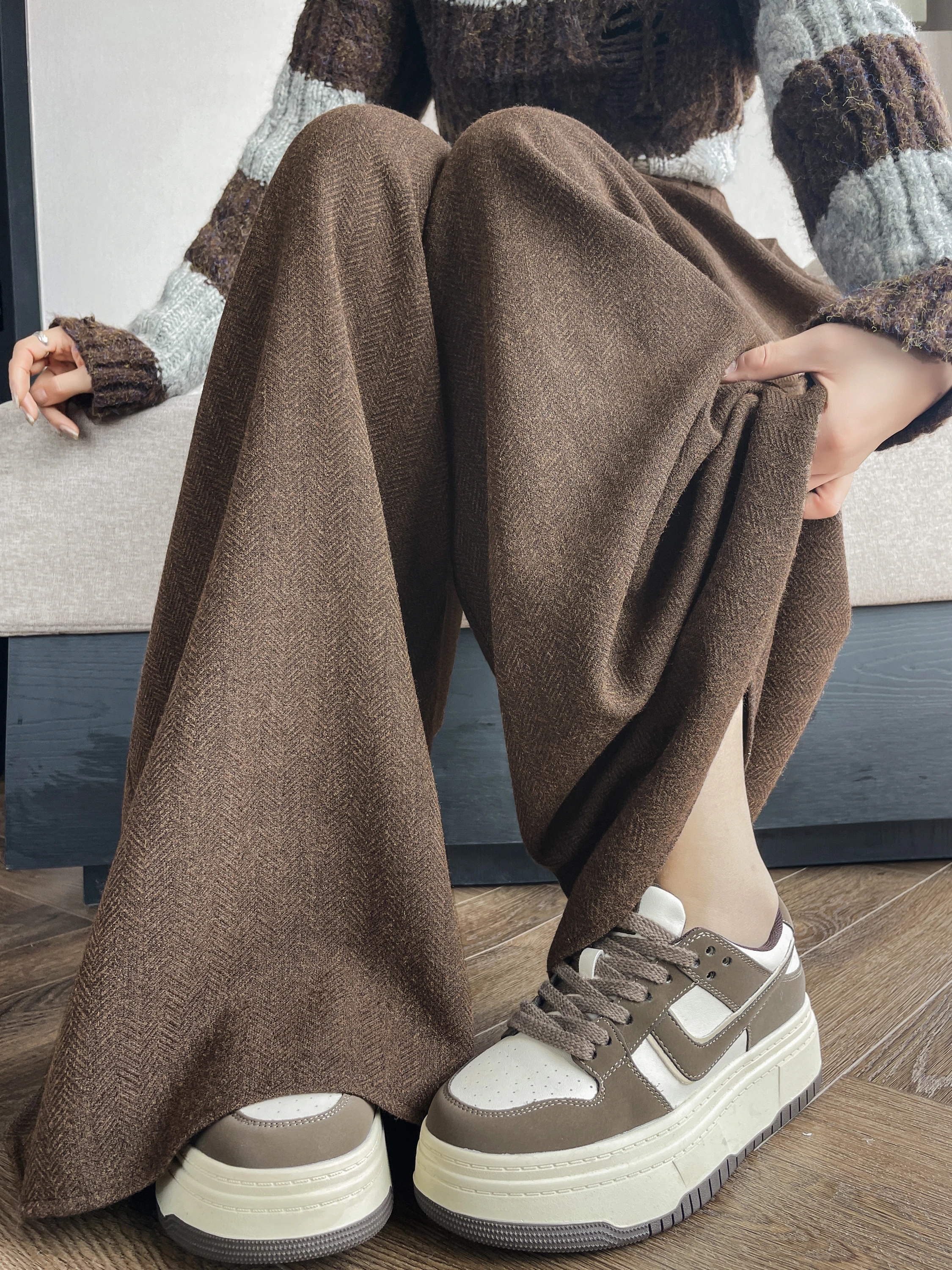 Thiened Wollene Weite Anzughose für Damen, Winterfeste Gefütterte Hose mit Hoher Taille, Koreanischer Stil für den Arbeitsweg