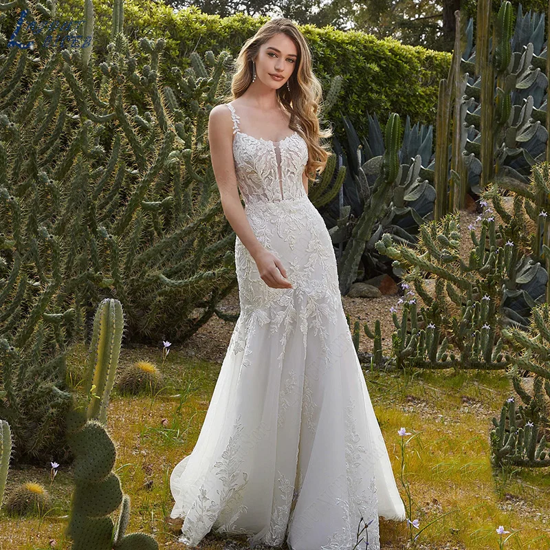 NICEB-Vestido De novia De lujo, traje De novia De encaje De sirena, sin mangas, apliques De tirantes finos, diseño Vestido De Novia De Lujo Sirena  Vestido De Novia De Encaje Sin Mangas Aplique  Spaghetti Straps Vestid