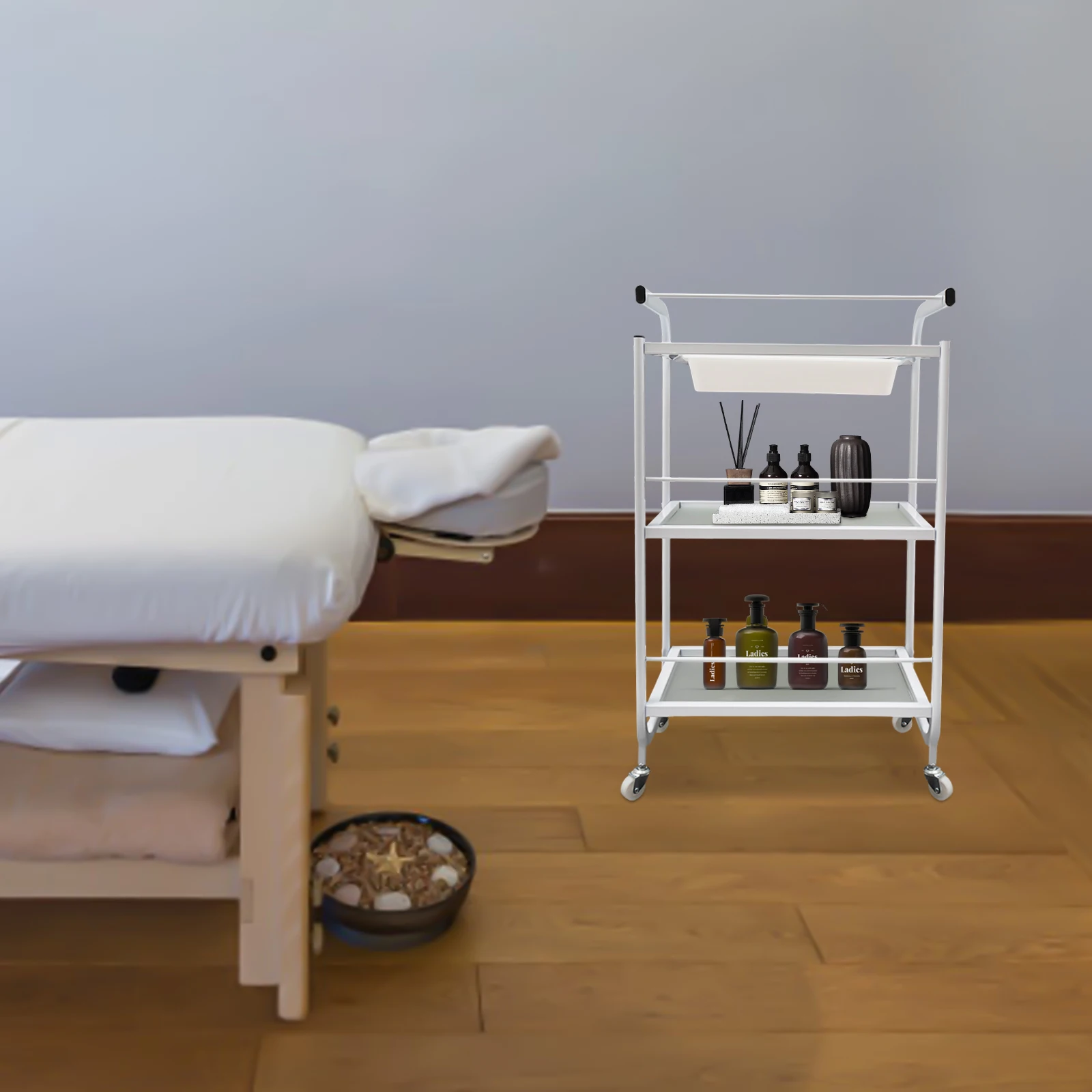 3-laags rollende gereedschapswagen met lade, witte metalen opbergwagen op wielen voor salon, keuken, badkamer, kantoororganisator