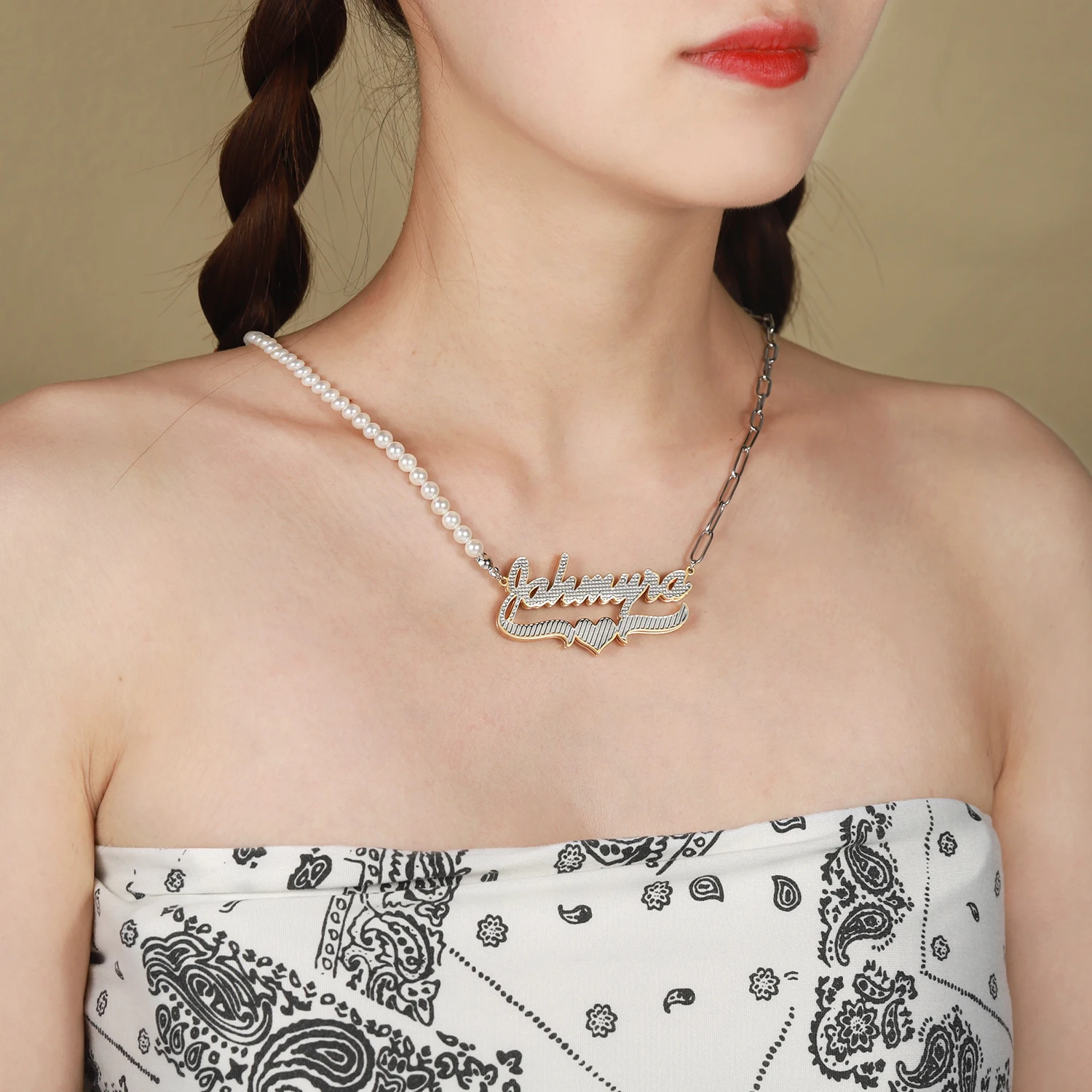 Double Plate Personalized Name Necklace With Heart Two Tone 18K Gold-Plated Custom Nameplate Necklaces Pearl Chain Women Jewelry