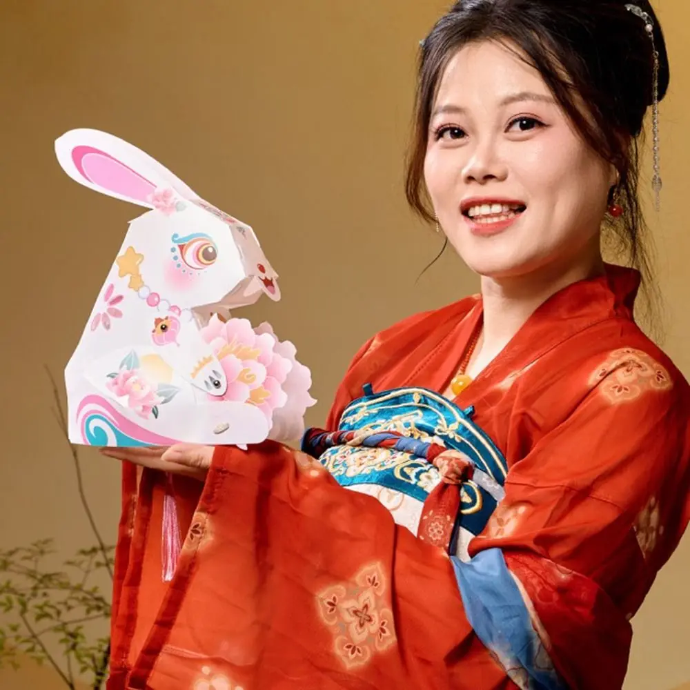 Paper Chinese Rabbit Lantern Handmade Cartoon Mid-Autumn Festival Lantern with Tassel LED DIY Material Package