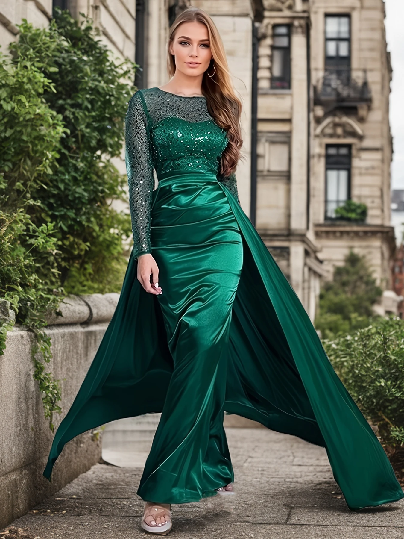

Green O Neck See-through Long Sleeves Evening Dress Sequin Detachable Train Women Dresses Cocktail Prom Gown For Wedding Party