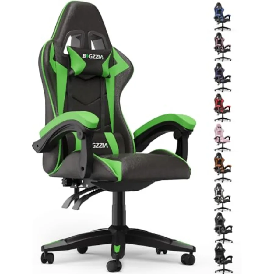 Silla de Juego Ergonómica con Soporte Lumbar para Adultos, Respaldo de Malla Verde, Asiento de Tela Transpirable, Altura Ajustable y Reclinable