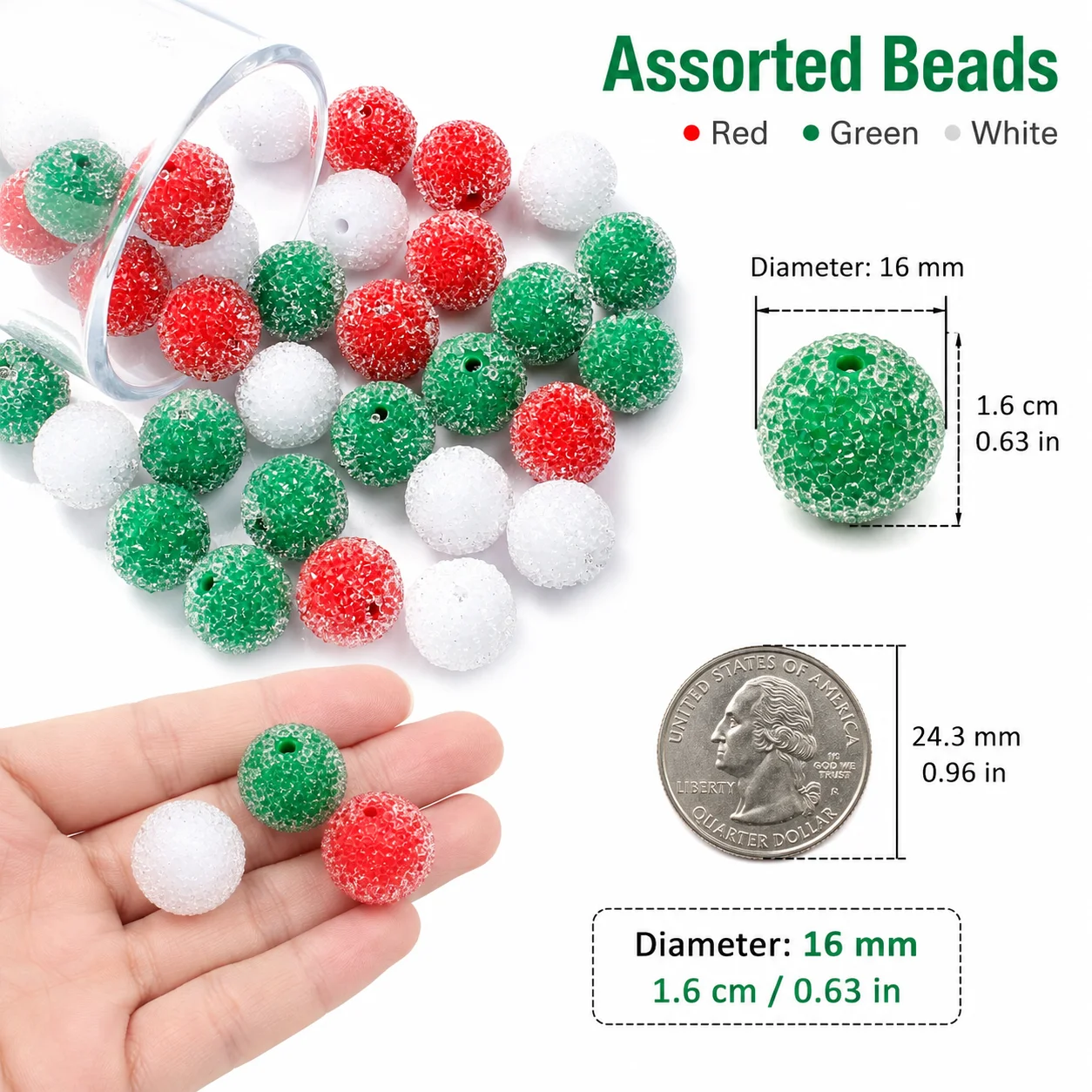 5 Stück 16mm Weihnachts-Acrylperlen mit glitzernder Zuckertextur, runde lose Abstandsperlen in Rot, Weiß, Grün, Beerenperlen für DIY-Bastelarbeiten – Detail 3