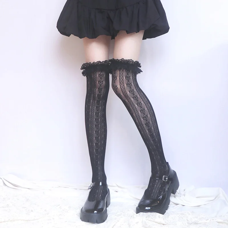 Kaus Kaki Wanita Stoking Hangat Gaya Lolita Lucu Renda Tinggi Paha Wanita Kaus Kaki Kaki Panjang Di Atas Lutut Hitam Putih untuk Aksesori Sepatu Bot Anak Perempuan