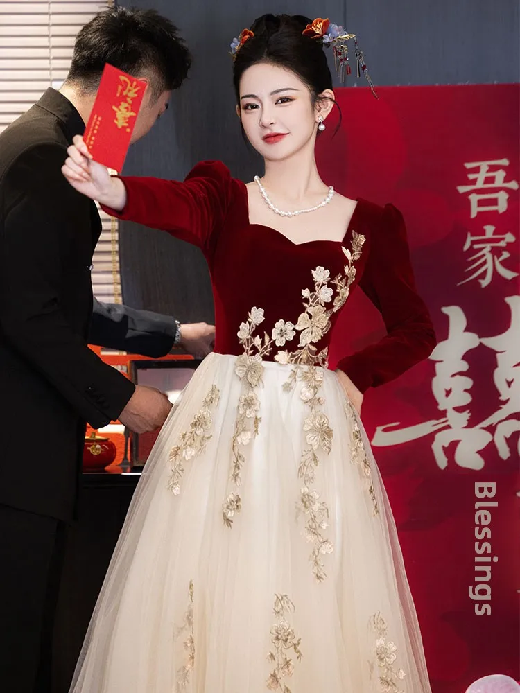 

Ele Long Chinese Sle Wedding Dr for Engagement Par Red Wine Serving Suit Small Size Autumn Winter Bridal Gown