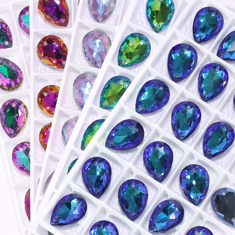 10x14mm 13x18mm New Glitter Teardrop Crystal sew on Rhinestones Glass Sew On Stones With 2 hole For Needlework Diy Shoes Clothes