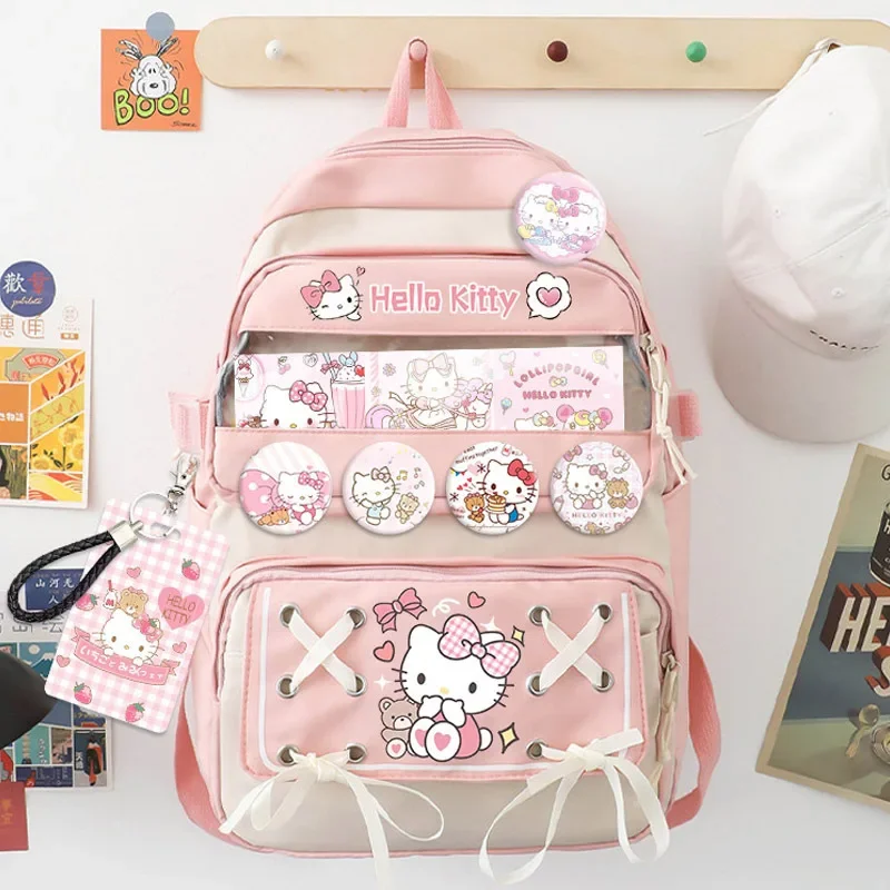 Sanrio Schoolbag Cartoon Backpacks with Card Holder Badge Large Capacity Bagpacks Mymelody Cinnamorol Kuromi Anime Handbags Tote