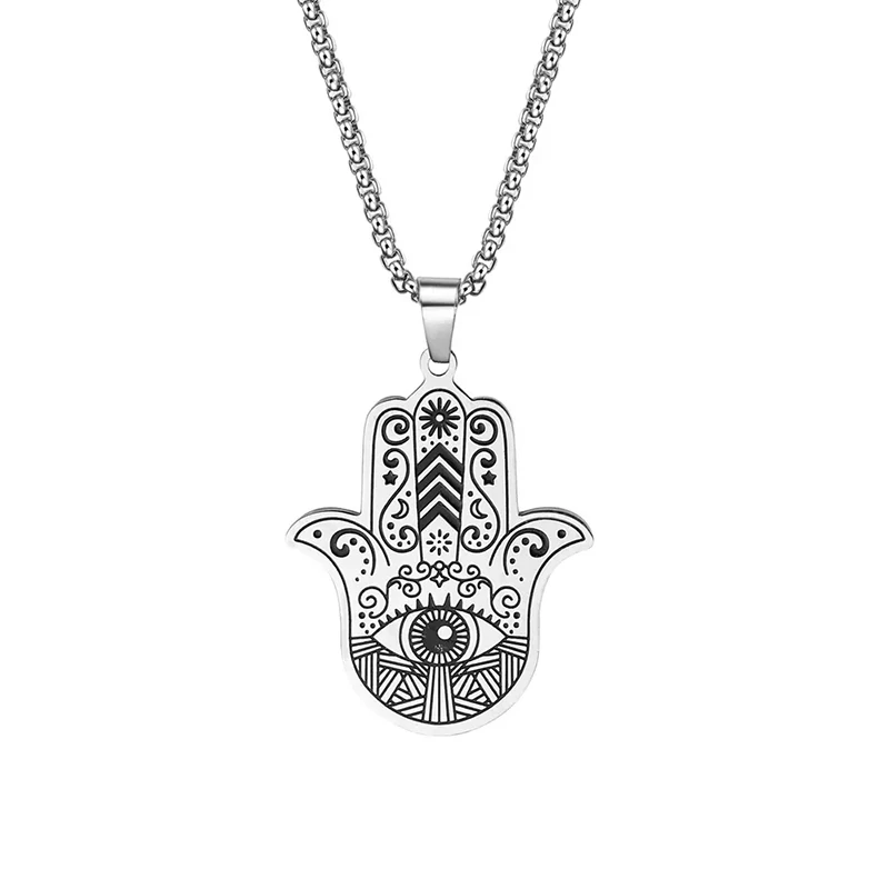 Edelstahl Hamsa Hand Halskette Muslimische Hand der Fatima Anhänger Halsketten Für Frauen Männer Arabisch Amulett Schmuck – Detail 1