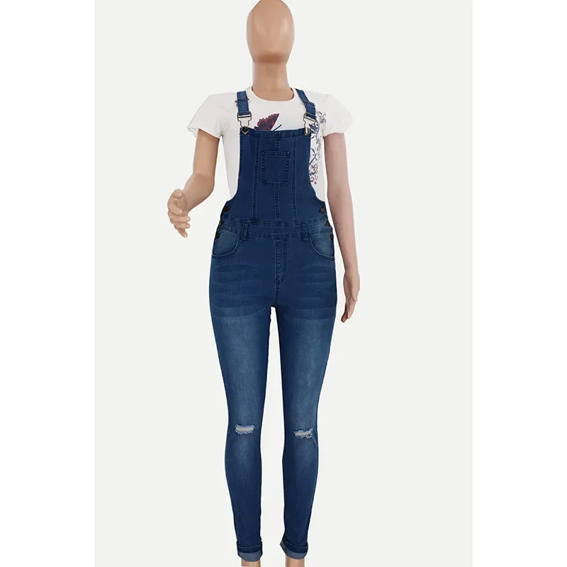 กางเกงยีนส์สตรีข้อเท้าความยาวกางเกงดินสอ DENIM Overalls กระเป๋า One Piece กลางเอว High Street Solid Distressed หลุม Spliced