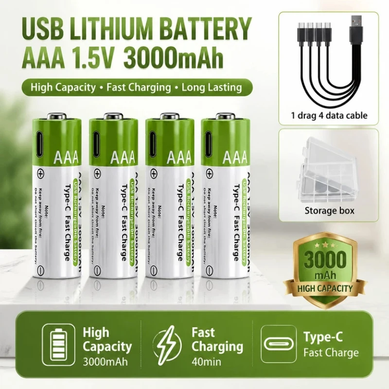 AA/AAA Rechargeable Lithium Battery 1.5V 3000mAh/3800mAh, Stable Voltage & Type-C Fast Charge for Mouse Remote Control Kids Toys