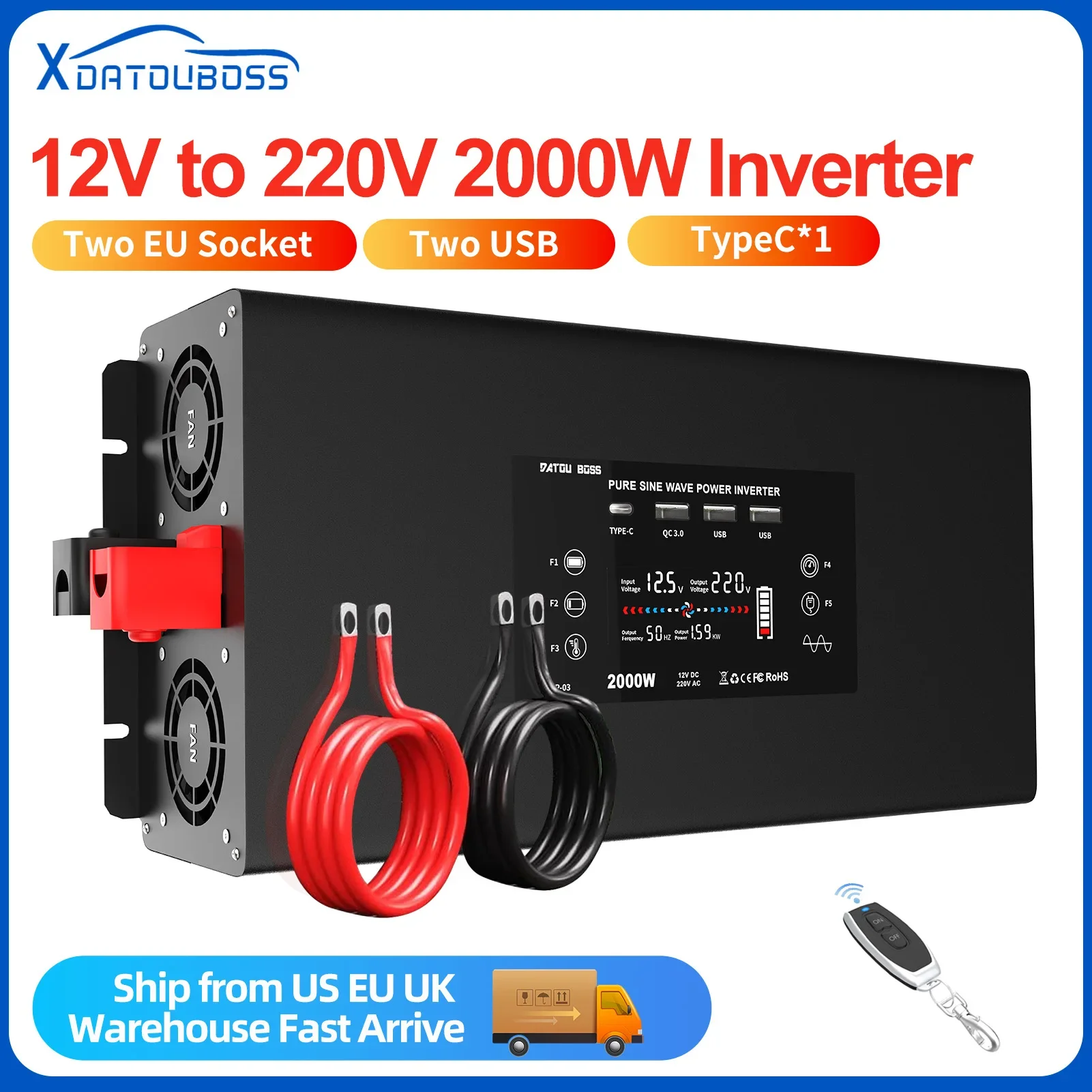 DATOUBOSS Pure Sine Wave Power Inverter 2000 W/4000 W 12 V to 230 V with 2 EU Sockets, 2 USB, 1 QC3.0, 1 Type-C and LCD Display