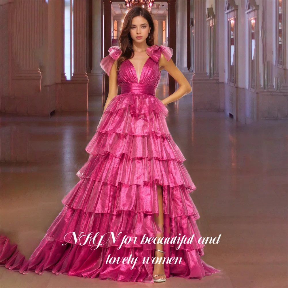 

NFYN Fuchsia A-line Wedding Prom Dresses Deep V-Neck Backless Prom Gown for Woman Layered High Side Split Party Dress Customized