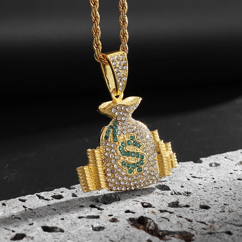 Money Bag Pendant Necklace for Men and Women Golden Color Bling Zircon Hip Hop Charm Jewelry Aliexpress Wholesale