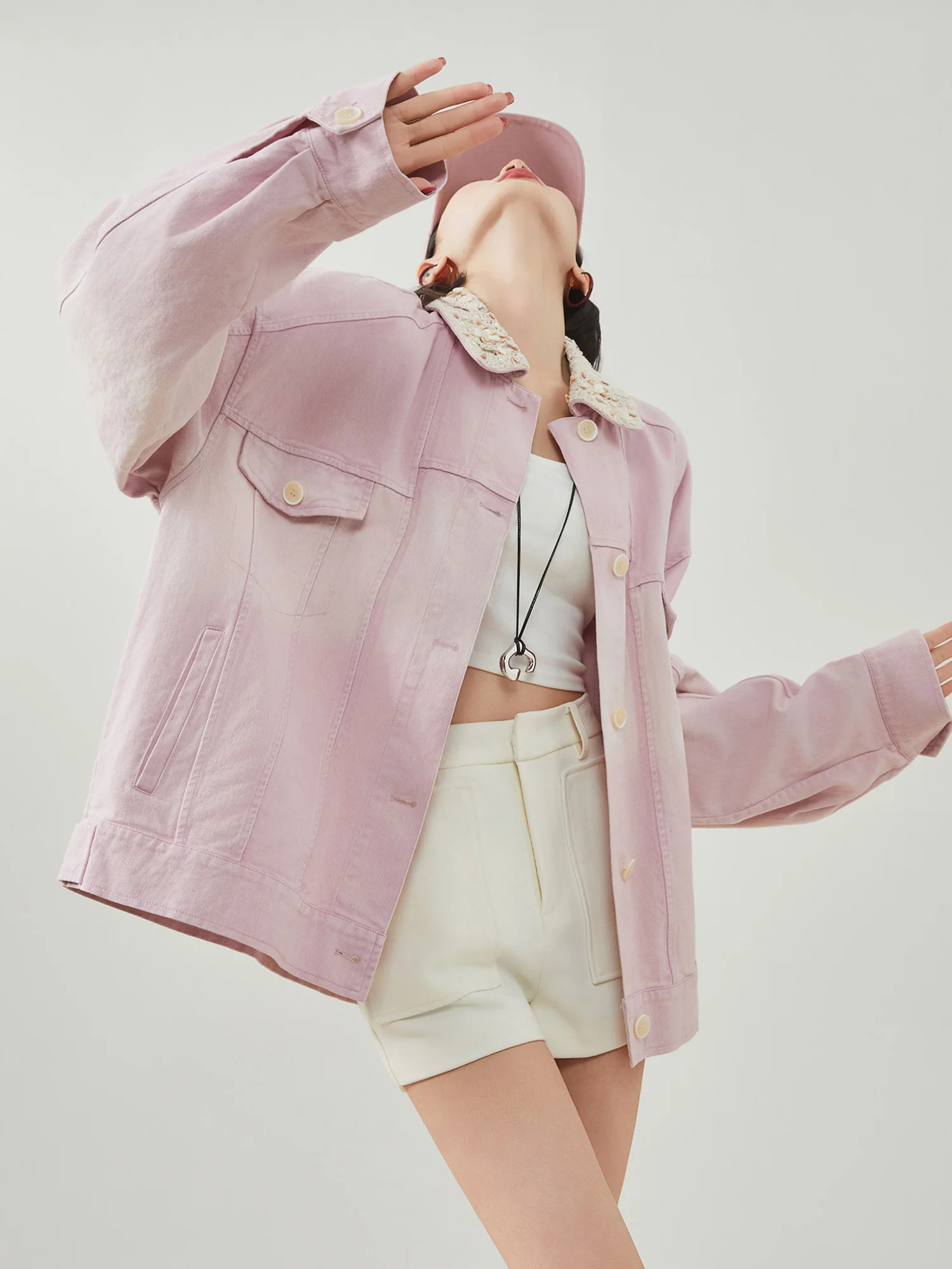 

Pink Washed Denim Jacket Women's Loose Fit Turn-down Collar Embroidered Spring New Style Casual Fashion Outerwear Coat