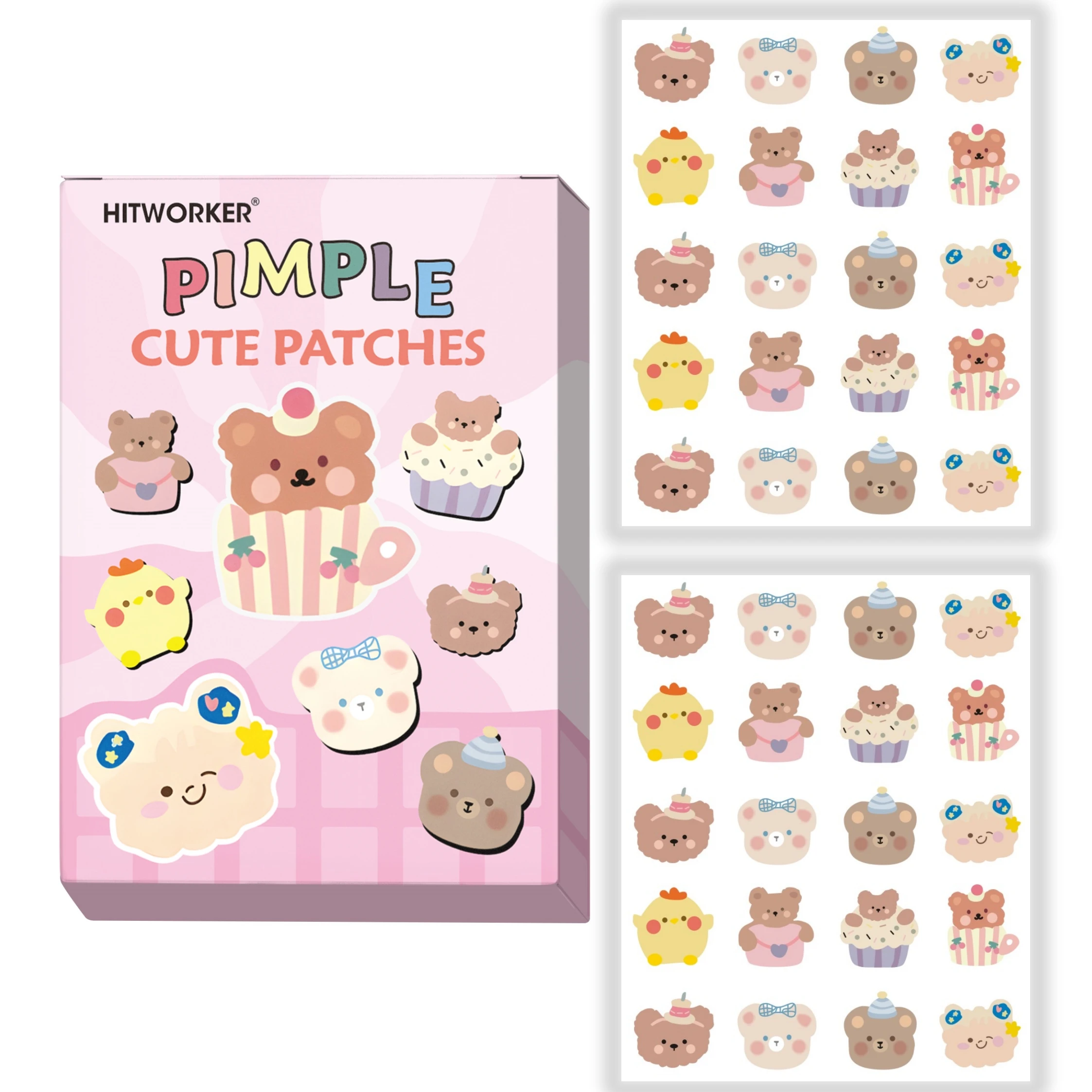 Patches hidrocolóides para acne de 40 peças, absorvem efetivamente espinhas, com design de urso de desenho animado para usar em uma via.