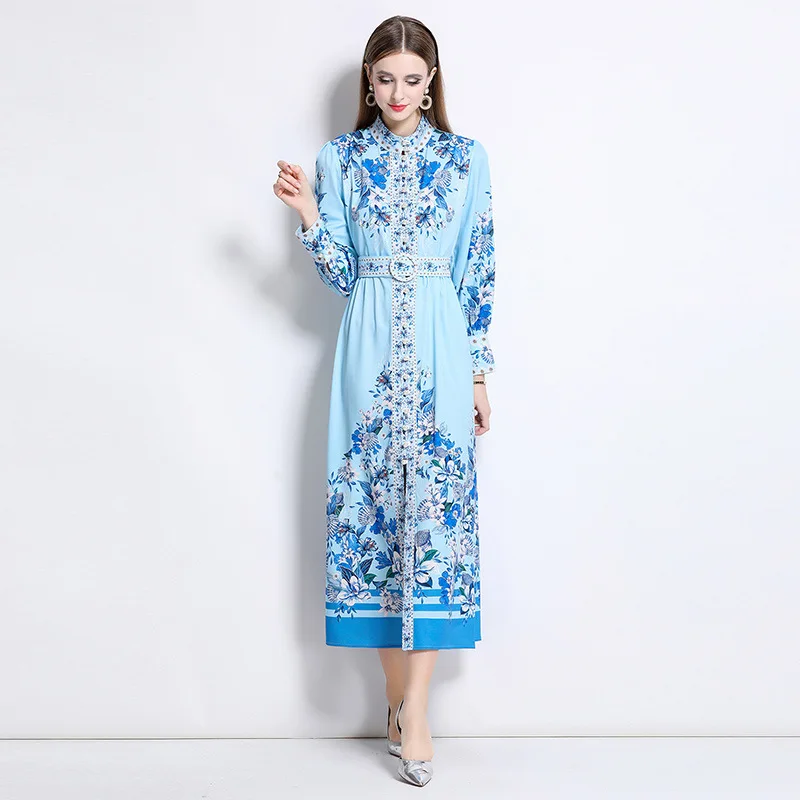 فستان أنيق بتصميم مطبوع على الطراز الملكي، ياقة عالية، زر واحد، سميك للشتاء، خصر متوسط، كتف مكشوف، إنتاج صيني