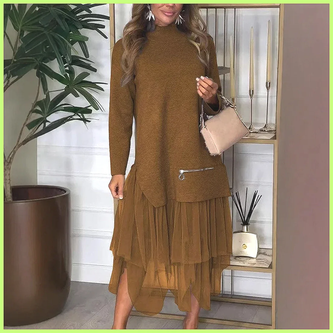 Abito in Felpa con Inserti in Pizzo per Donna, Manica Lunga, Elegante Vestito da Festa per Autunno e Inverno