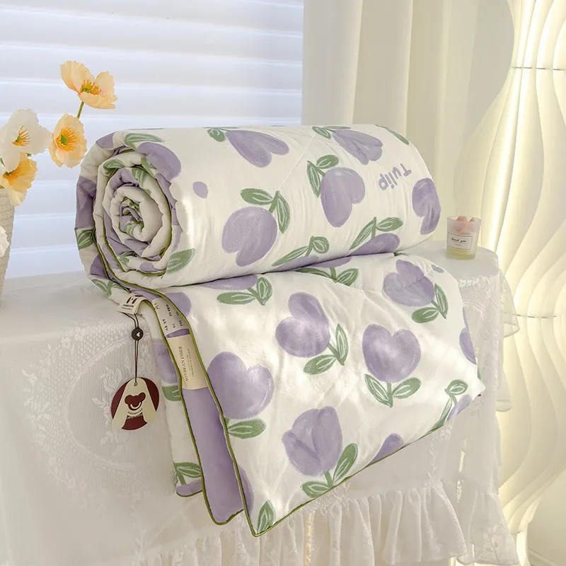 Summer Quilt Floral Print Reactive-Dyed Double-Layer Gauze Lightweight Quilt for Air Conditioner Comforter Single Double Bed