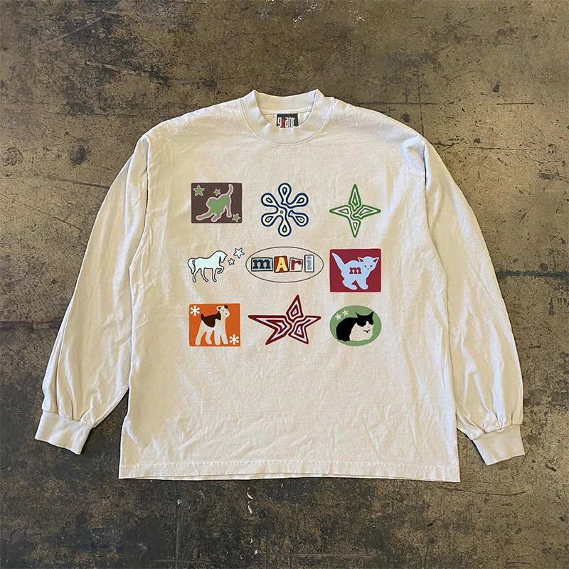 

Heavyweight 300g Pure Cotton Long Sleeve Top Hip Hop High Street Design Versatile Fashionable Streetwear
