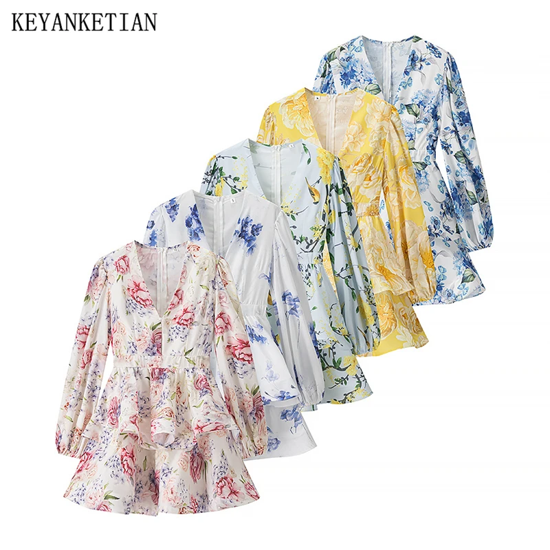 

KEYANKETIAN Spring/Autumn New French Style Flower Print Mini Dress Back Zipper V-Neck Long Sleeve Tiered Ruffles Women's Dresses