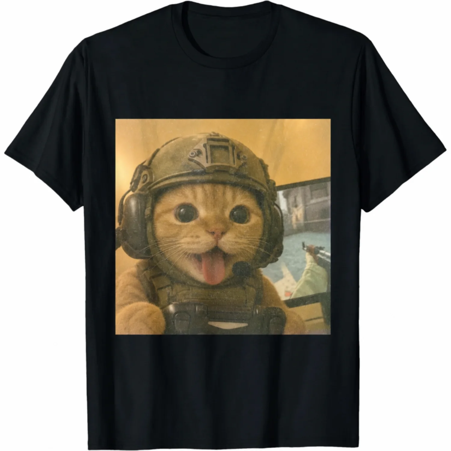 Funny Tactical Gamer Cat Meme T-Shirt with Helmet Soldier Graphic Print
