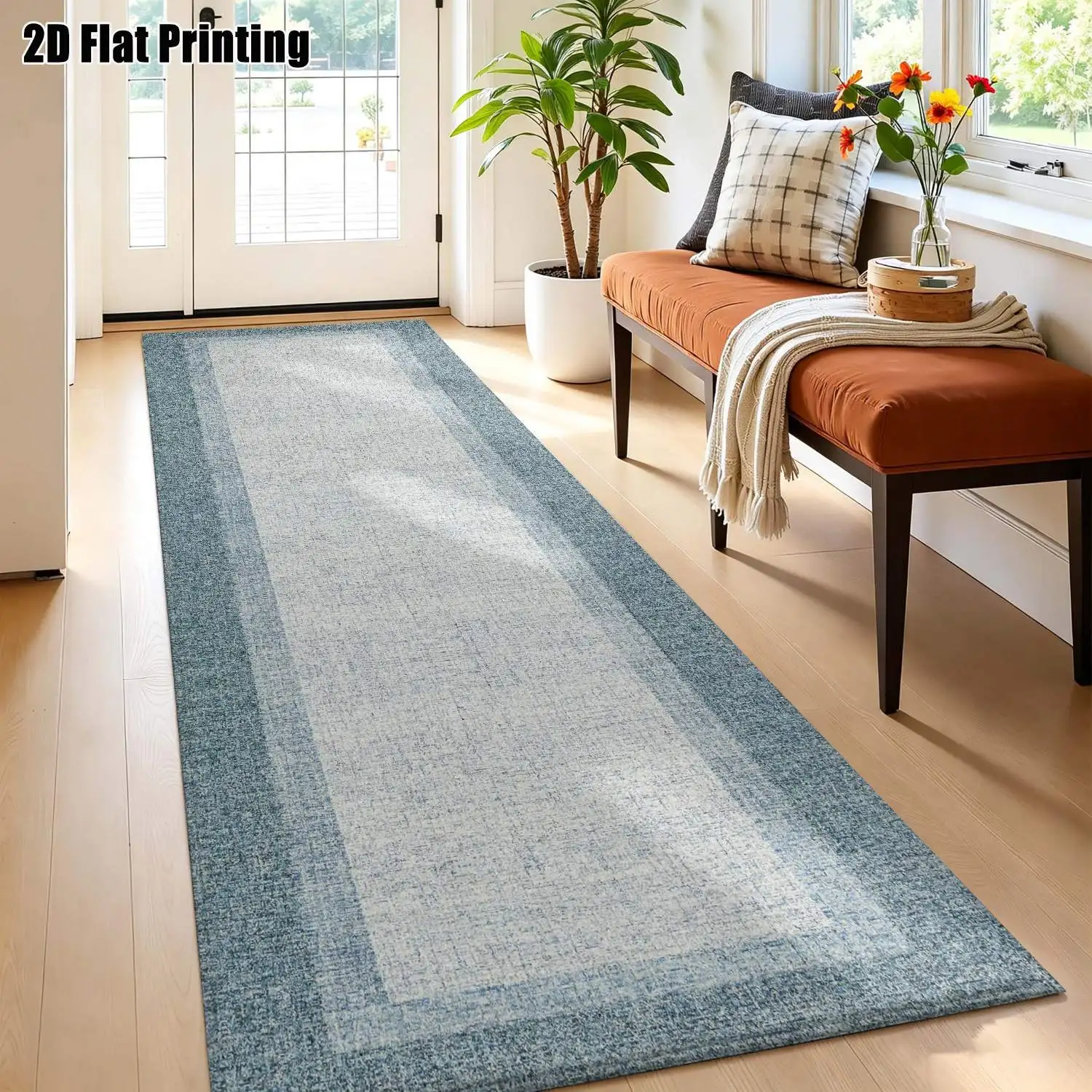 1Pc 2D Printed Blue-Grey Geometric Strip Track Carpet Nordic/Instagram/Modern Minimalist Style, Machine Washable, Multi-Size, Ideal for Entryway, Hallway, Living Room, Bedroom Home Decor.