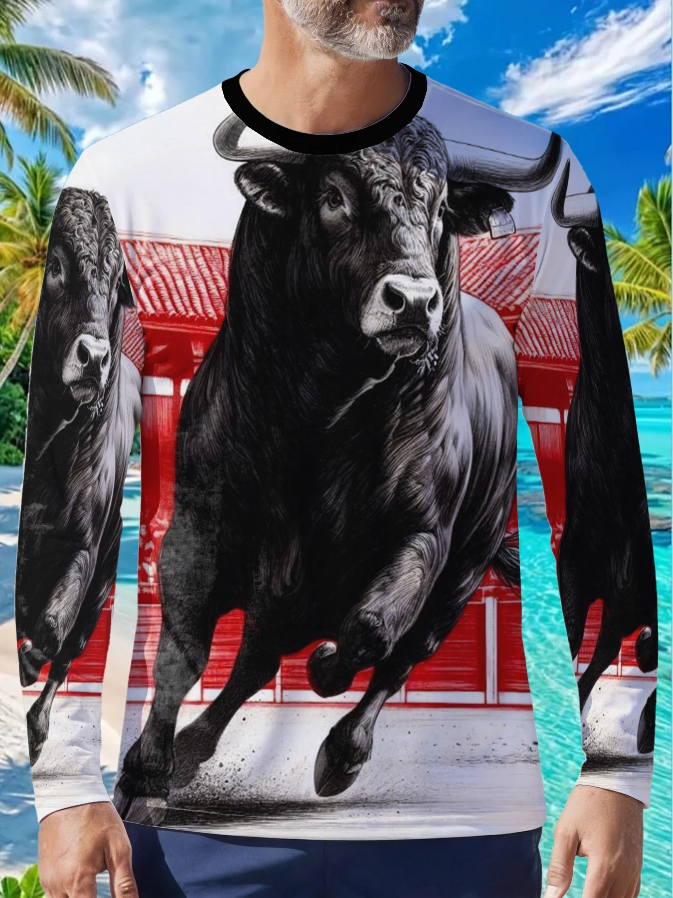 Bullfighting Spanish Bull Arena Running Bull Mens Polyester Long Sleeve T Shirt Angry Strong Bull Print Graphic Tee Casual Outdo