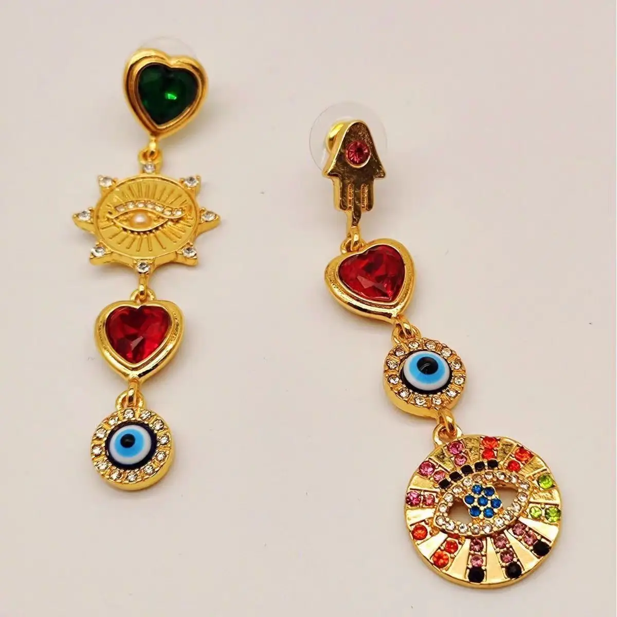 Asymmetric Evil Eye Hamsa Hand Drop Earrings, Vintage Gold Colorful Crystal Heart Dangle Earrings Bohemian Jewelry