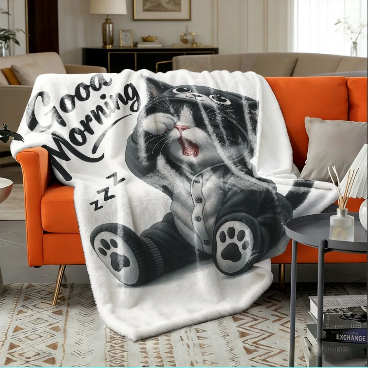 Cute Cat Good Morning Throw Blanket Fleece Plush Sofa Cozy Throw for Living Room Home Decor Gift Pet Lover Winter Warm Bed