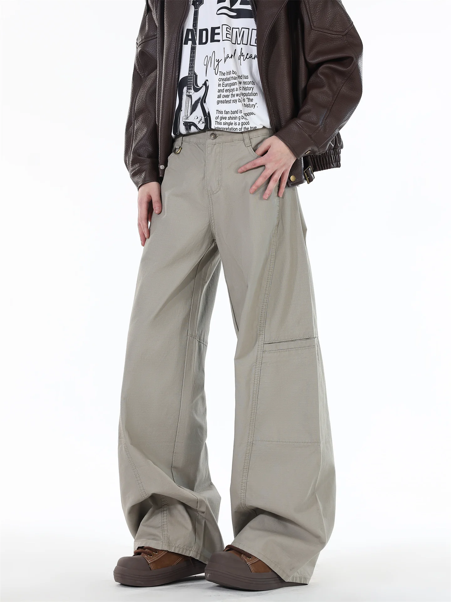 

Khaki Retro Flared Workwear Pants Men High Street Trend Brand Decosition Splicing American Casual Wide Leg Long Pants