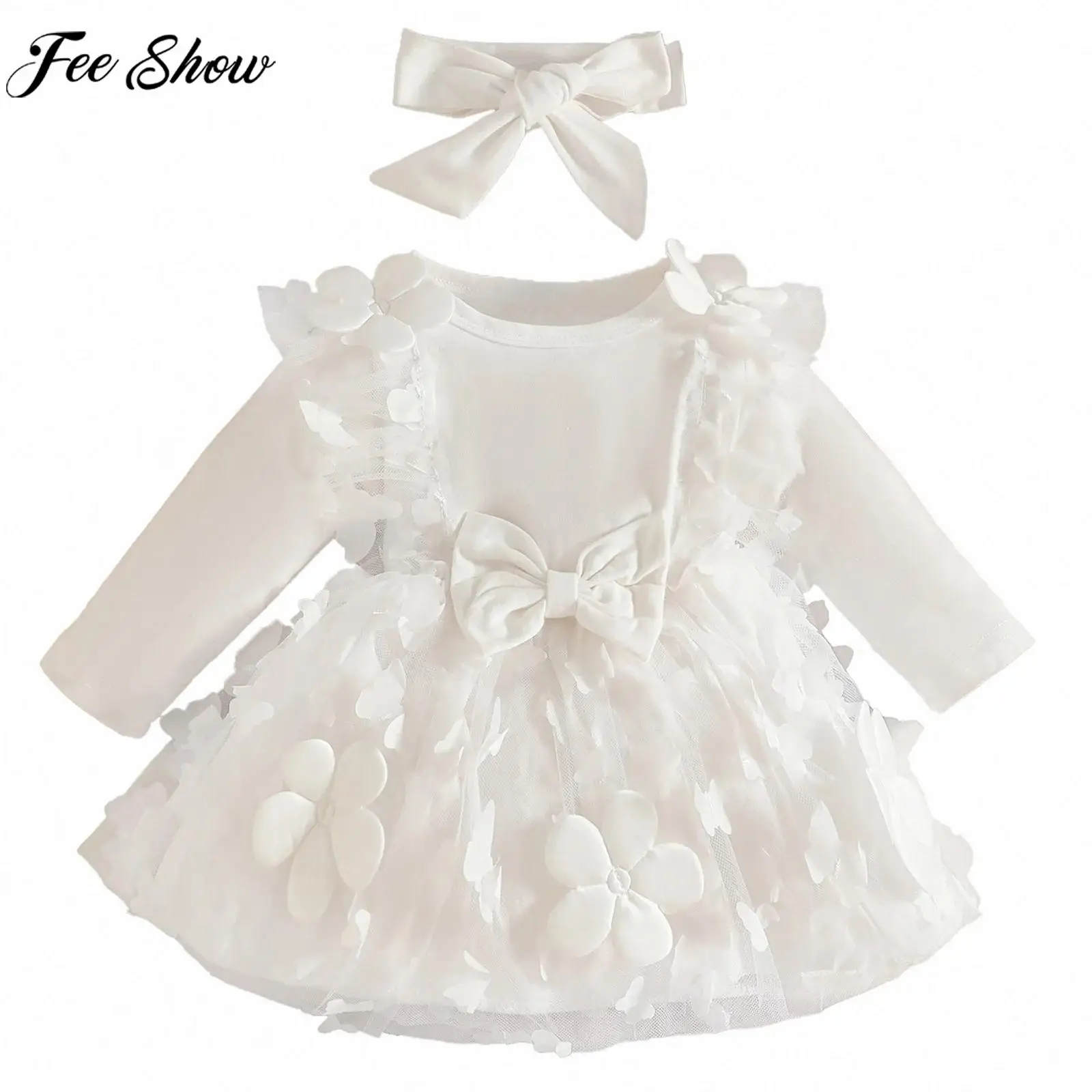 

Тюлевое платье-пачка принцессы с длинными рукавами и цветочным бантом для маленьких девочек с повязкой на голову, бальное платье для крещения, дня рождения, свадьбы