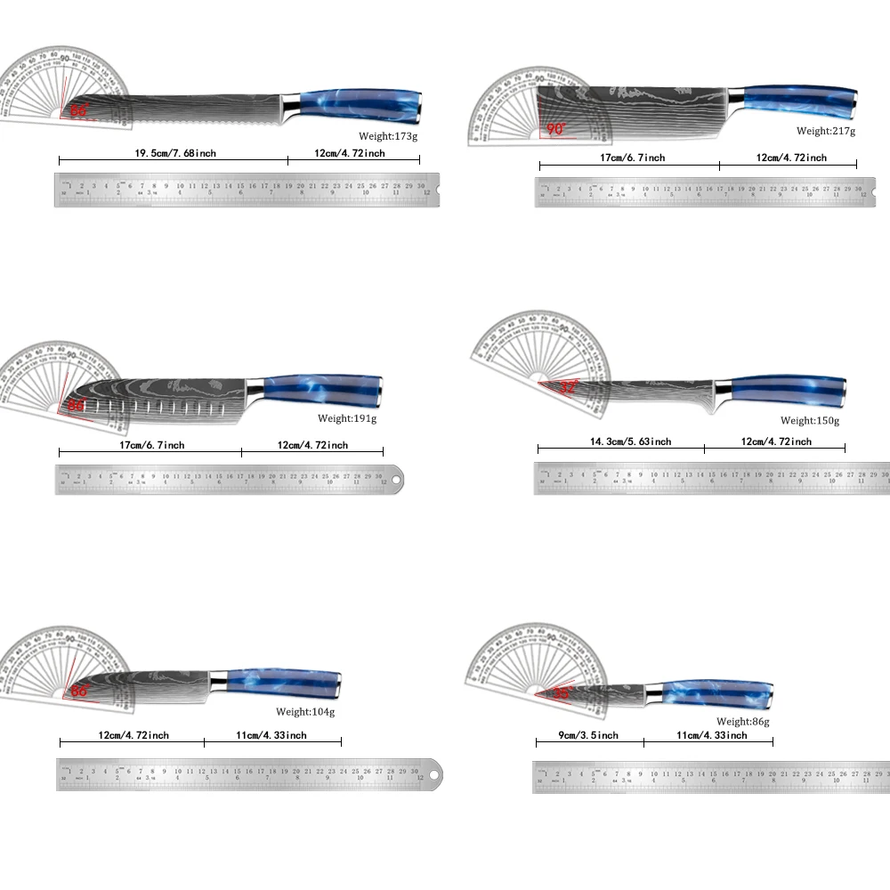 XITUO 1-6PCS Kitchen Knives Set 7Cr17Mov Stainless Steel Damascus Laser Pattern Blade Sharp Santoku Knife With Blue Resin Handle