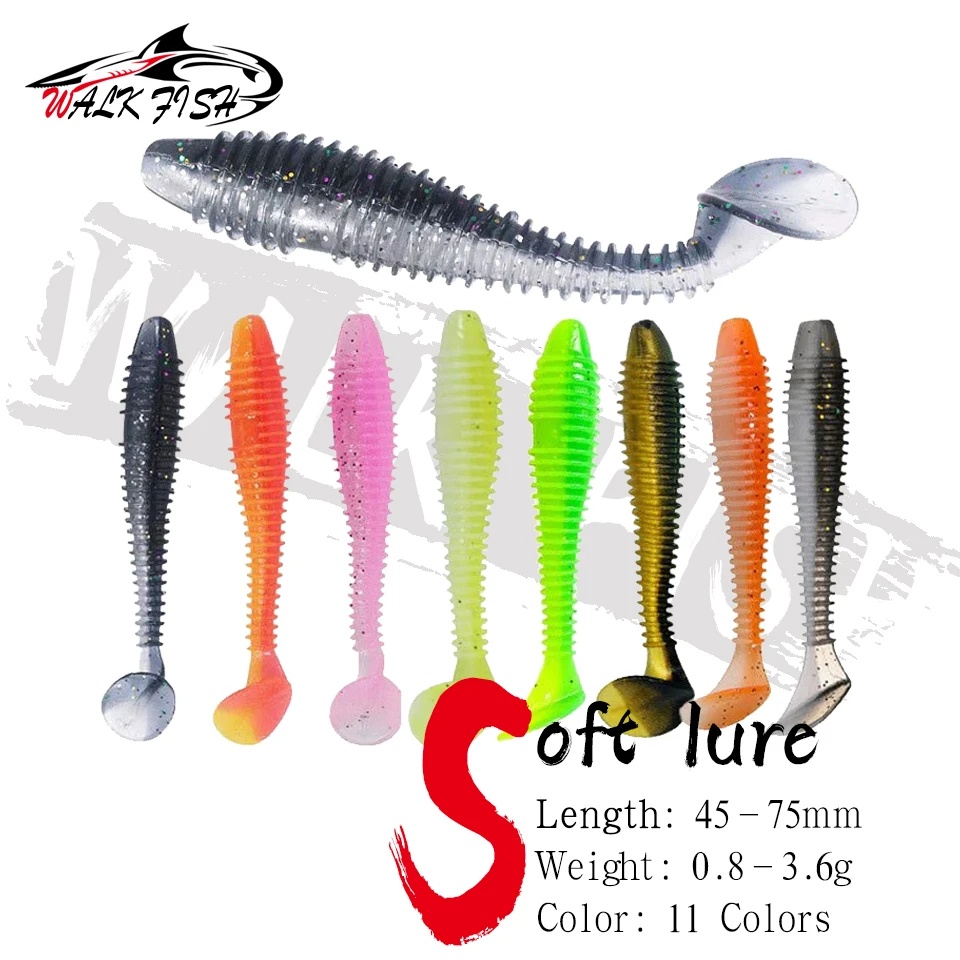 WALK FISH-señuelo de hilo con cola en T, cebo suave de dos colores, anzuelo con cabeza de plomo, cola en T, larva, perca, cebo de pez mandarín, 10 Uds.