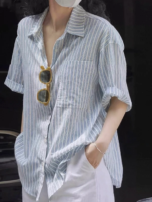 

High-End Women's Retro Striped Cotton Linen Loose Fit Short Sleeve Shirt Summer 2026 Fashion Ladies' Premium Apparel