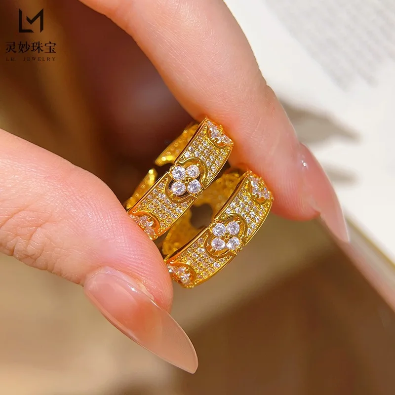 9999 24K real gold hollow white diamond four-leaf clover ring full of stars lucky grass flower ring light luxury gift girlfriend