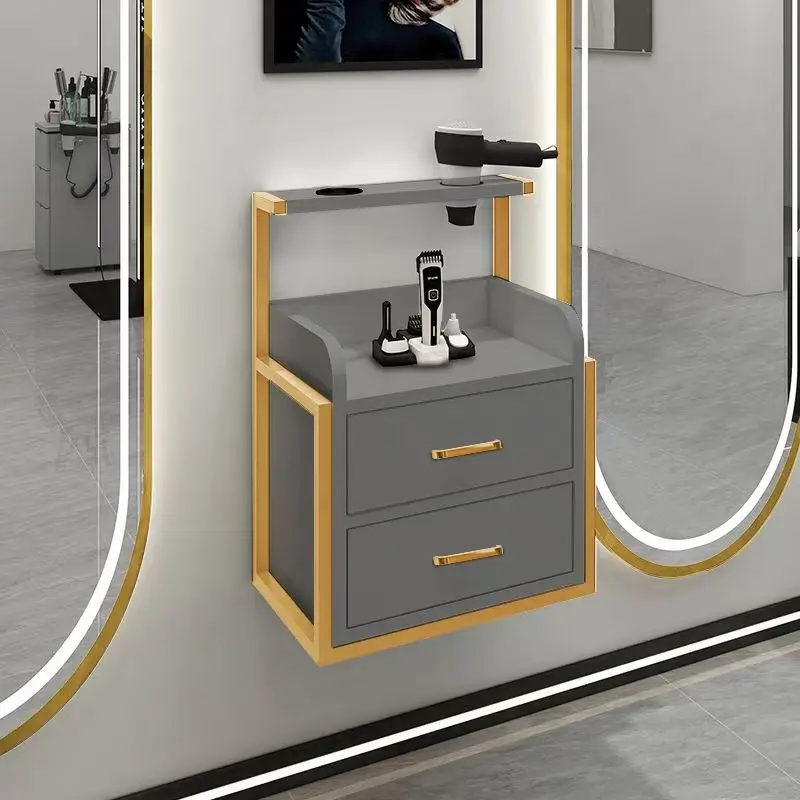 

New Hair Salon Stations Equipment Gold Tool Storage Cabinet Wooden Wall Mount Beauty Salon Trolley