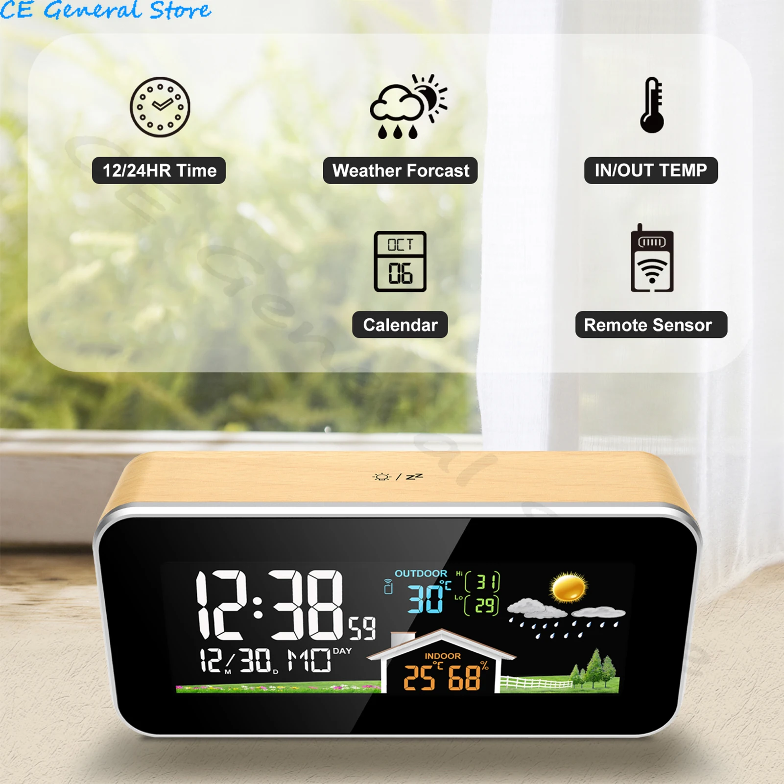 Wireless Weather Station Wooden Alarm Clock Digital Thermometer Humidity Temperature Wireless Sensor Home TimeWatch Desktop #30