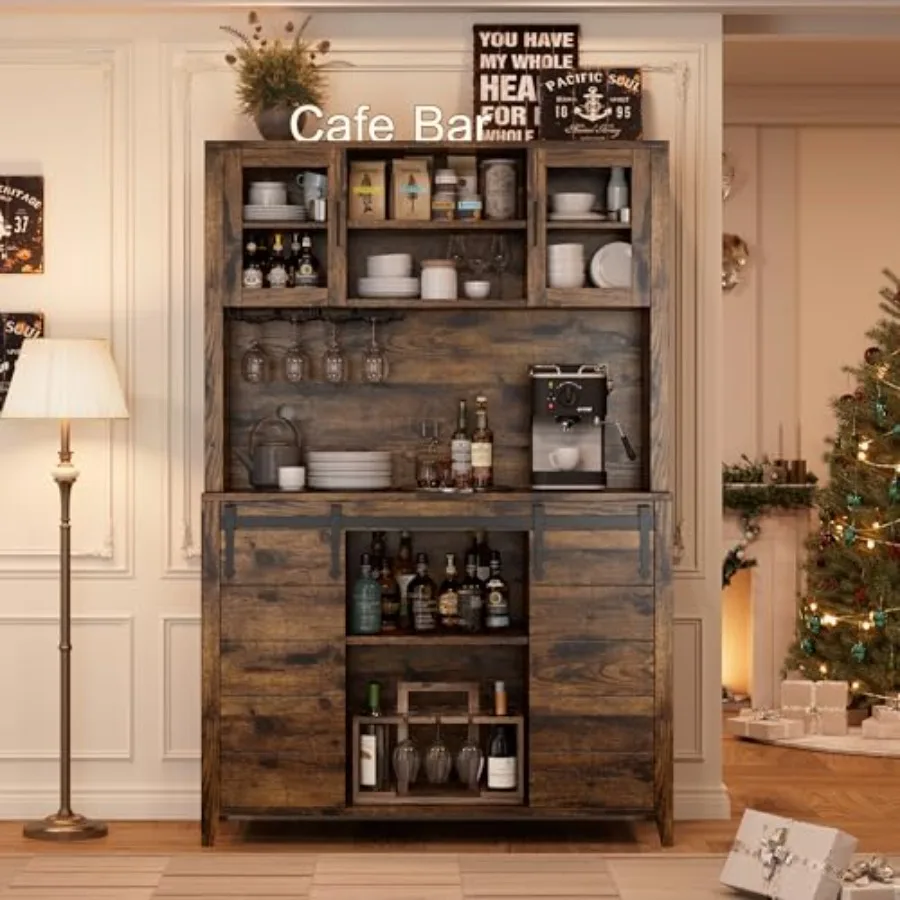 70'' Wine Coffee Bar Cabinet with Storage Hutch, Tall Kitchen Pantry Liquor Cabinet with Sliding Barn Doors, Bottle Glasses Rac