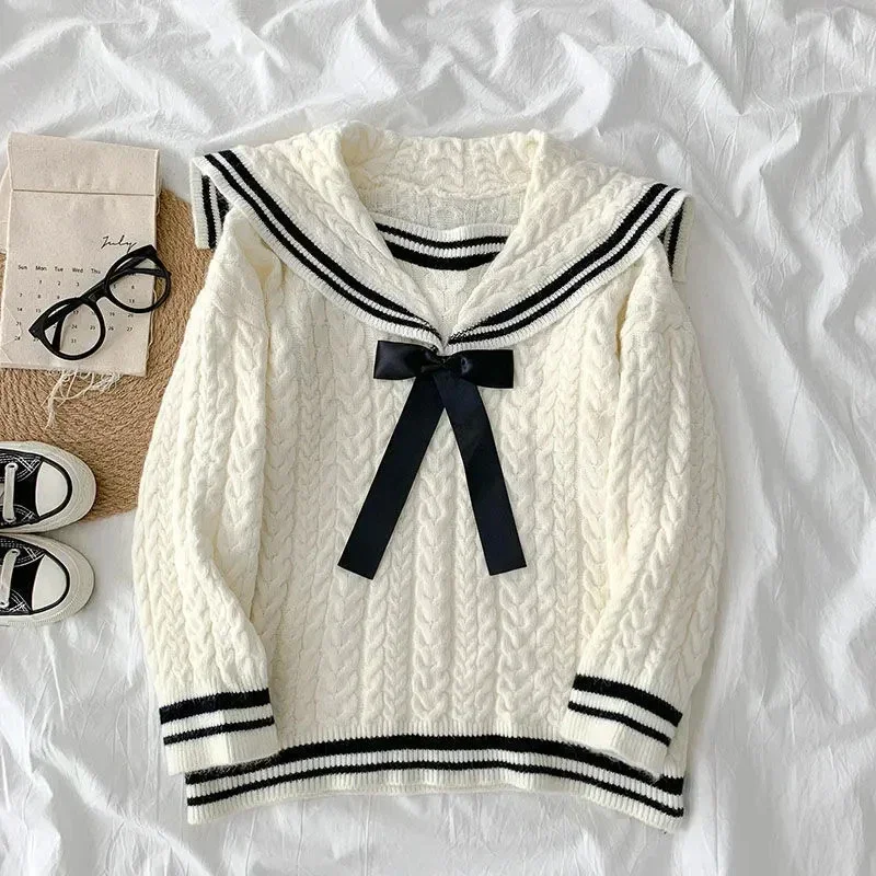 TPJB Korea Style Sailor Collar Pullover Sweaters Women Simple Twist Hit Color Women Jumpers New Loose Knitted Sweater