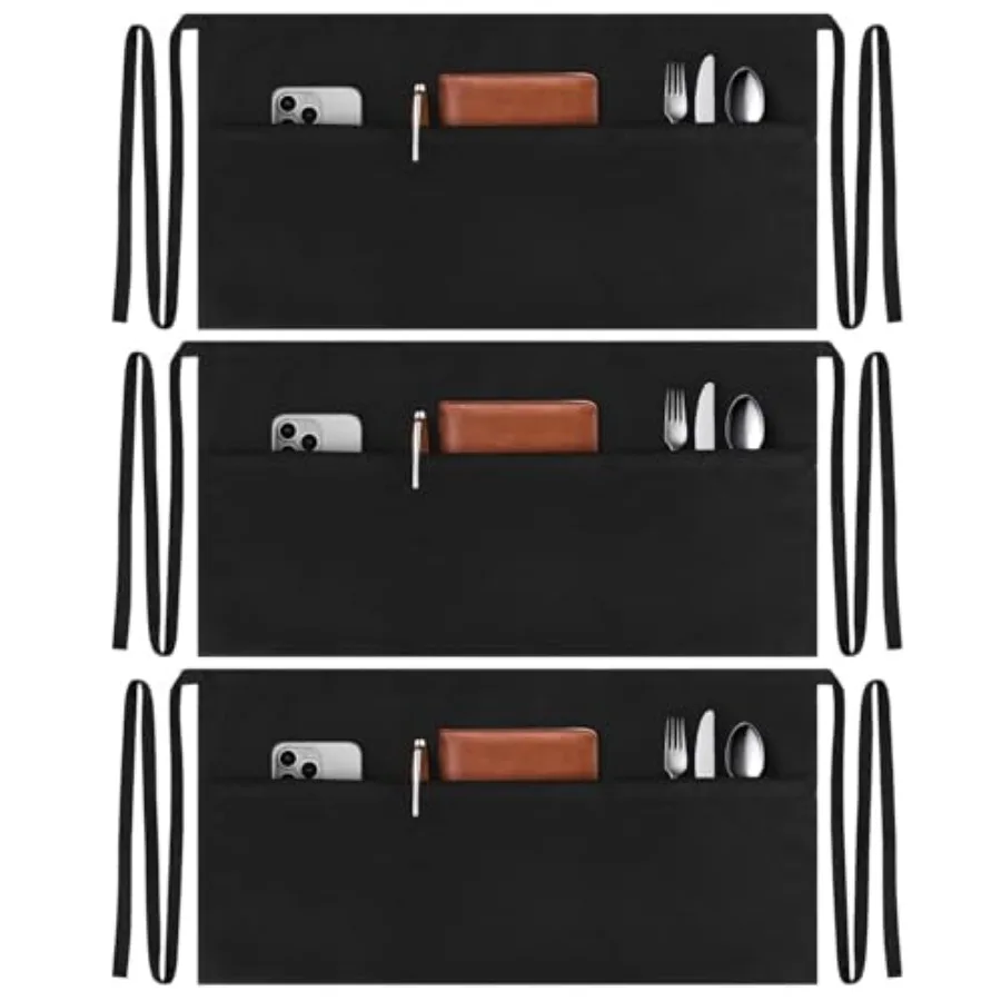 

3 Pack Server Aprons with 3 Pockets, Water Oil Stain Resistant Waitress Waiter Apron Black Waist Aprons Bistro Apron for Women