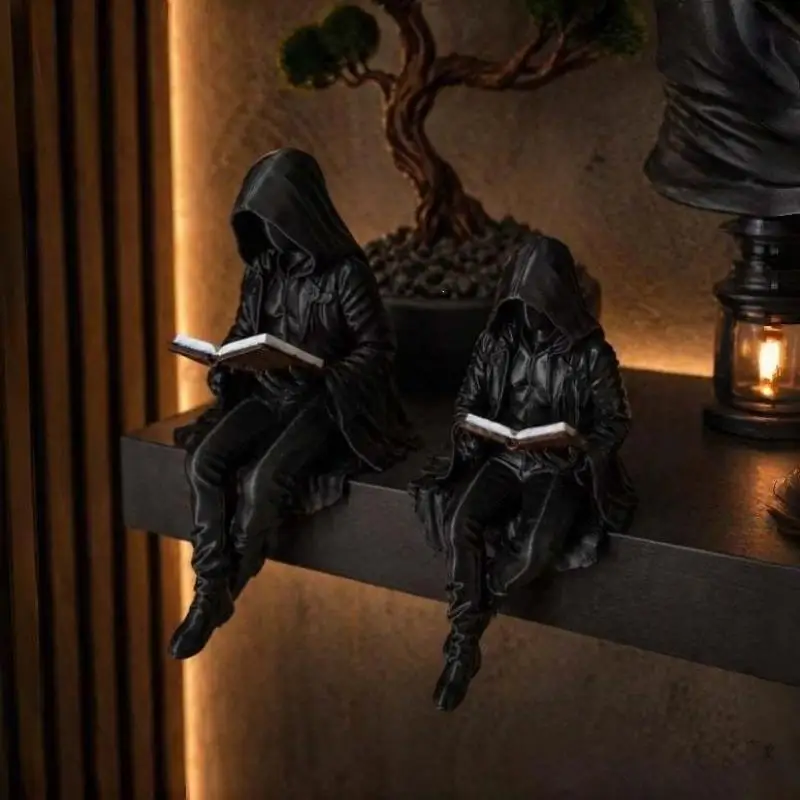 Grim Reaper Reading Statue Resin Black Hooded Skull Miniature Figurine Halloween Home Desktop Ornaments Gothic Decor