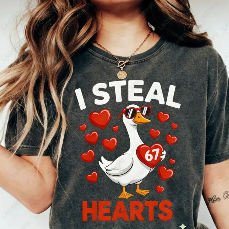 I Steal Hearts グース O ネックプリントトップス バレンタインダック コットンシャツ 面白い恋人の服 男性 女性 バレンタインデーギフト カップル