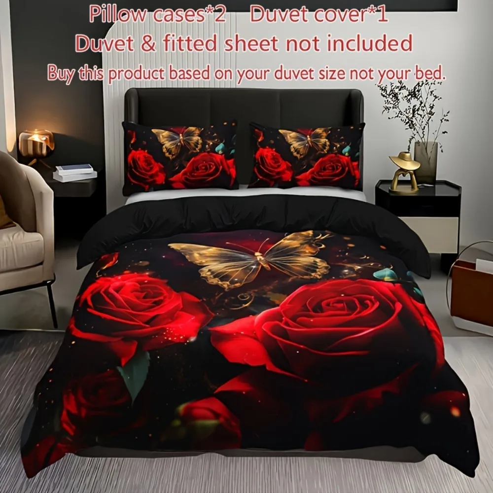 3pcs Bedding Set Black Red Rose Butterfly Print Cozy Duvet Cover King Queen Twin Single Size Birthday Gift Adult Bedroom Decor