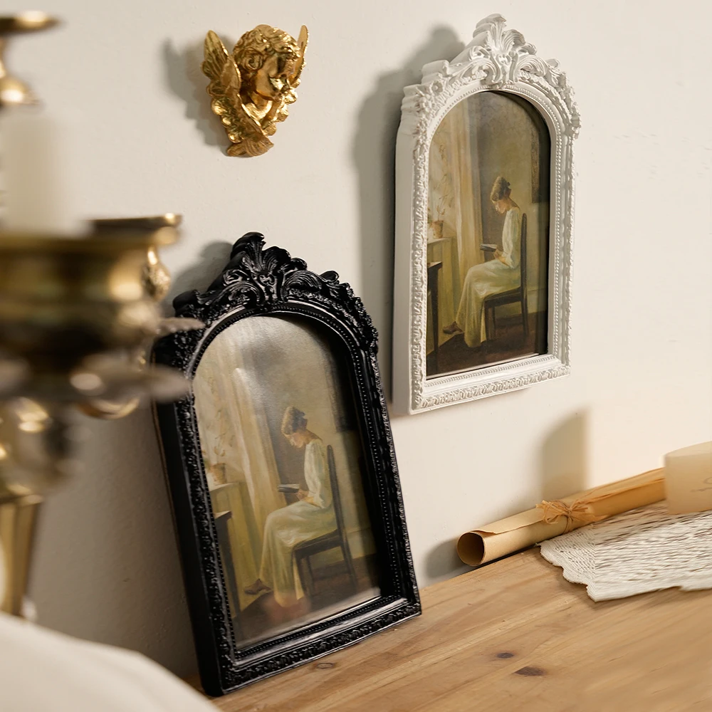 Vintage Ornate Photo Frame Retro Baroque Style Resin Picture Frame, Wall Art Decor for Home Living Room Bedroom, White/Black