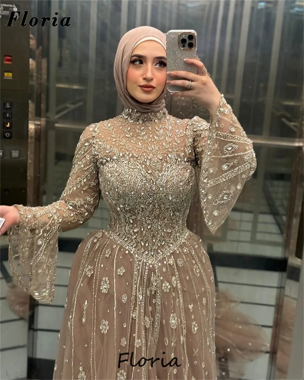 Muslim Chanpagne Beading Evening Dresses Saudi Arabia A Line Crystals Party Cermony Dress Women Long Sleeves Birthday Prom Dress