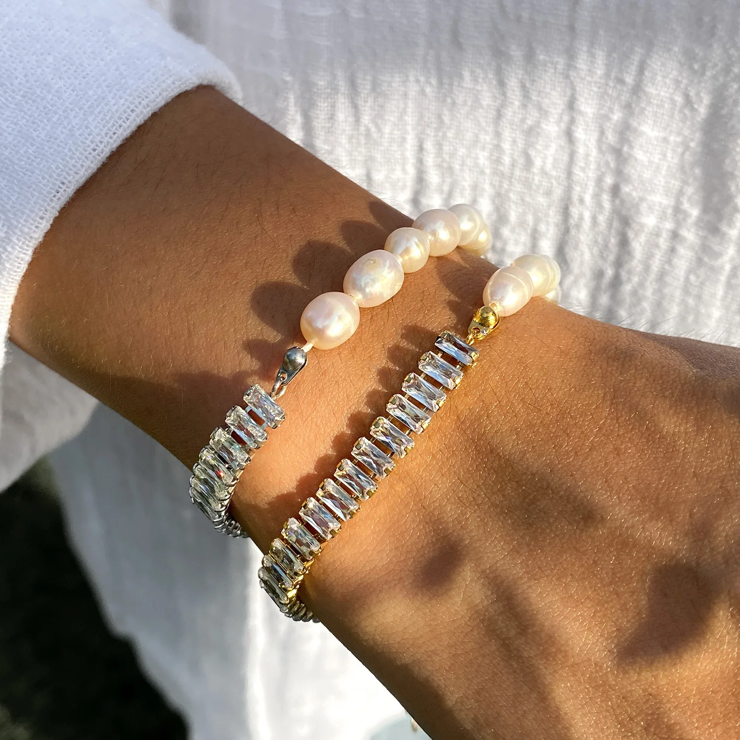 

Ailodo Elegant Freshwater Pearls Bracelet For Women Stainless Steel Cubic Zirconia Tennis Bracelet Fashion Jewelry Girls Gift