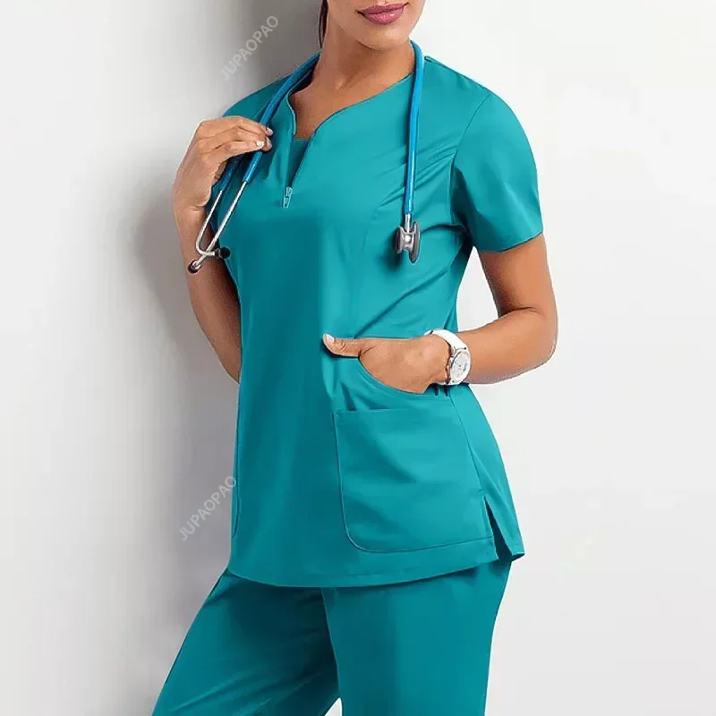 Mulheres V-Neck Jogger Fatos, Enfermeira Trabalhando Uniformes Médicos, Uniforme Hospitalar, Médico Enfermagem Uniforme, Farmácia, Casual, Manga Curta, Atacado