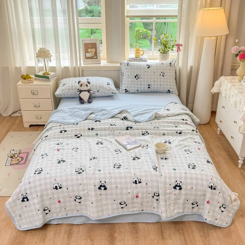 100% Full Cotton Filling Summer Quilt Fresh Panda Pattern Quilted Blanket Soft Thin Breathable Comforter Cool Refreshing Duvet